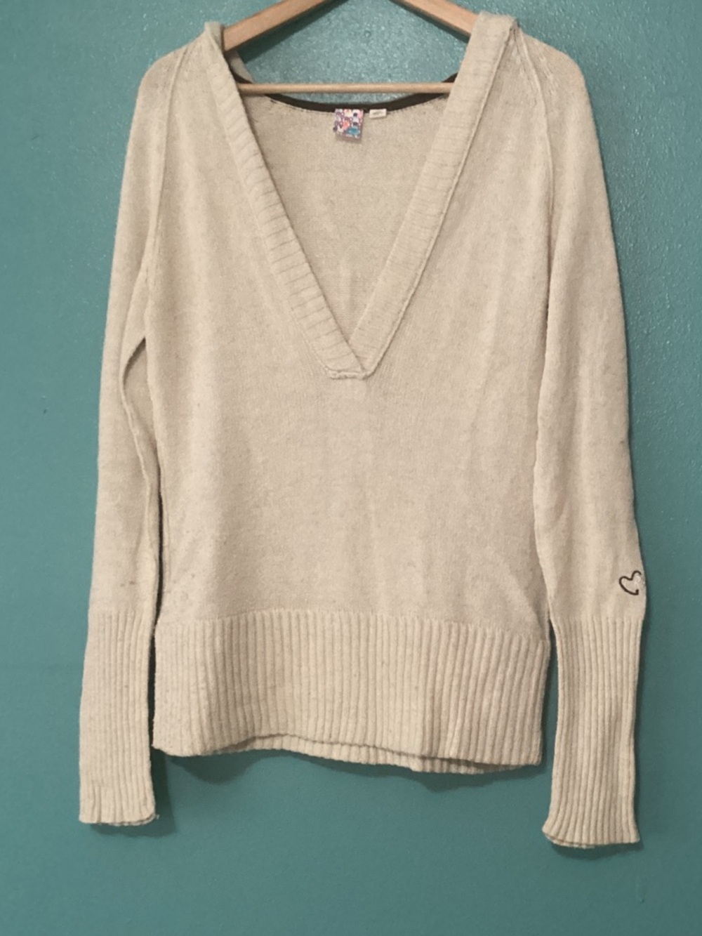 Roxy Cream V-Neck Sweater with Heart Sleeve Detail